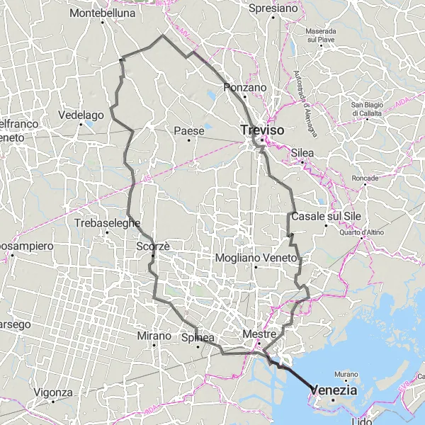 Miniaturní mapa "Silniční trasa Treviso - Marcon" inspirace pro cyklisty v oblasti Veneto, Italy. Vytvořeno pomocí plánovače tras Tarmacs.app