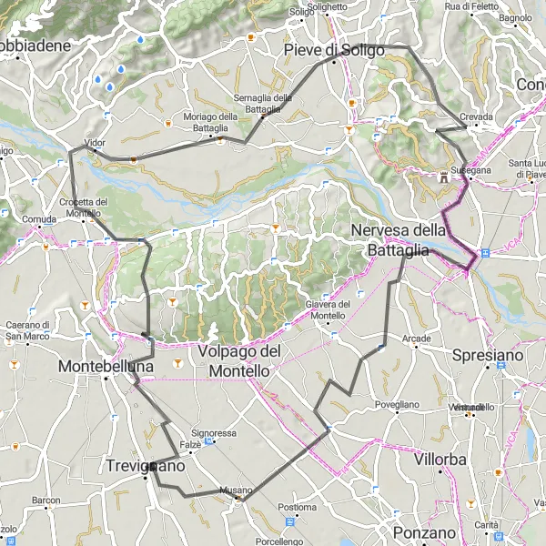 Miniatura della mappa di ispirazione al ciclismo "Circuito del Montello" nella regione di Veneto, Italy. Generata da Tarmacs.app, pianificatore di rotte ciclistiche