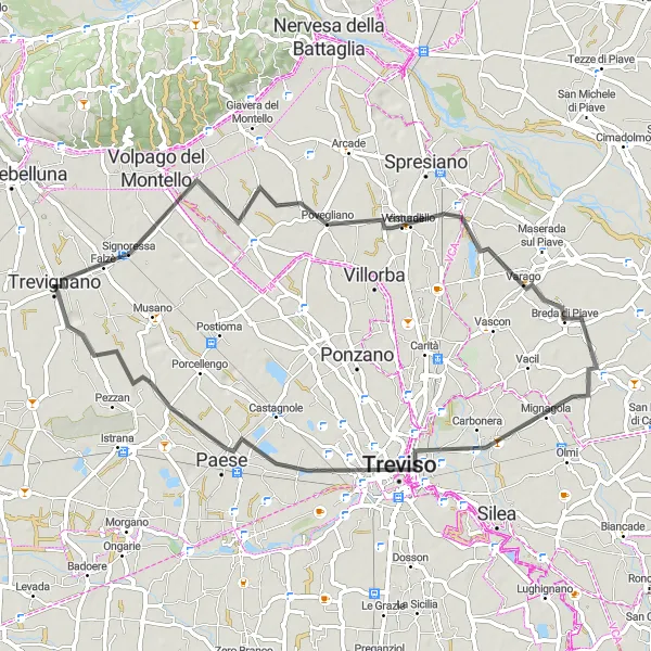 Kartminiatyr av "Cykeltur till Trevignano" cykelinspiration i Veneto, Italy. Genererad av Tarmacs.app cykelruttplanerare