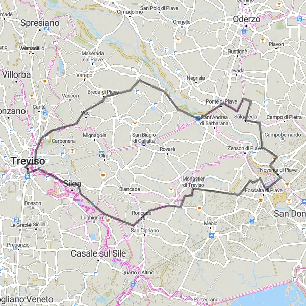 Karttaminiaatyyri "Breda di Piaven kierros" pyöräilyinspiraatiosta alueella Veneto, Italy. Luotu Tarmacs.app pyöräilyreittisuunnittelijalla