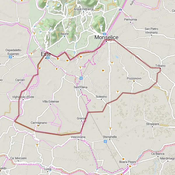 Miniature de la carte de l'inspiration cycliste "Parcours gravel Granze-Vighizzolo d'Este-Monselice-La Rocca" dans la Veneto, Italy. Générée par le planificateur d'itinéraire cycliste Tarmacs.app