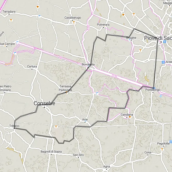 Miniatura della mappa di ispirazione al ciclismo "Giro in bici circolare di 52 km da Tribano" nella regione di Veneto, Italy. Generata da Tarmacs.app, pianificatore di rotte ciclistiche
