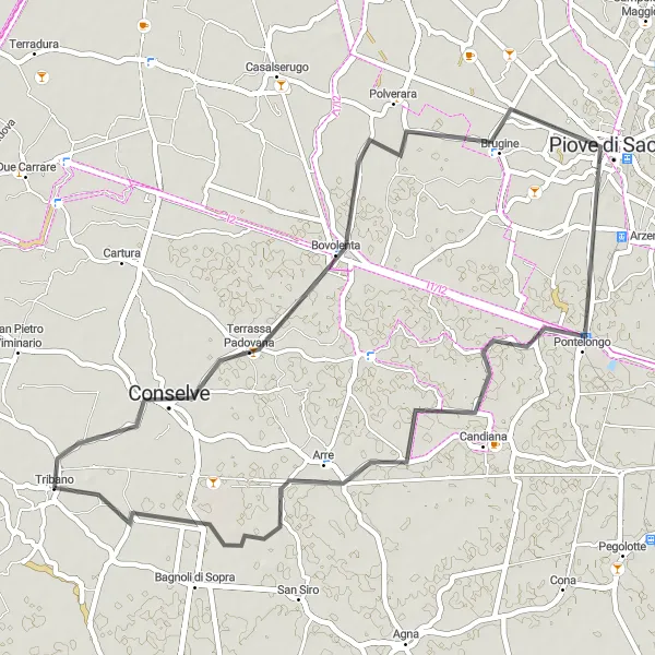 Kartminiatyr av "Tribano Road Cycling Loop" cykelinspiration i Veneto, Italy. Genererad av Tarmacs.app cykelruttplanerare