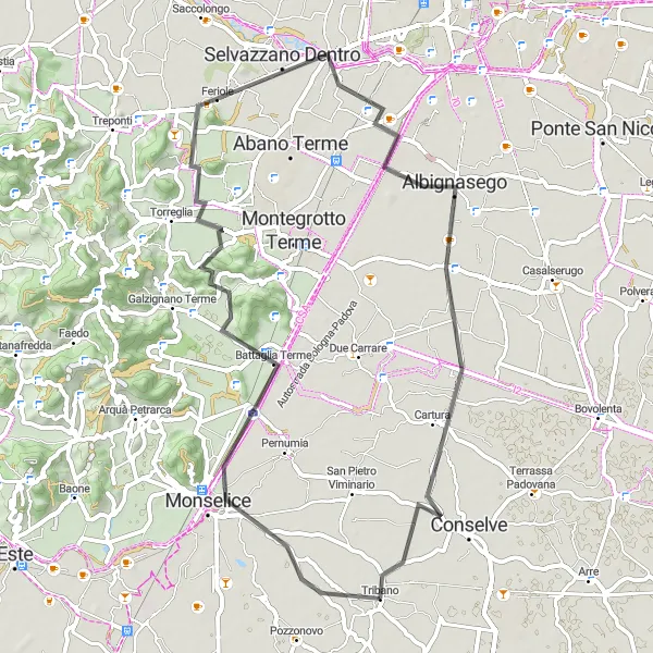 Miniatuurkaart van de fietsinspiratie "61 km Cycling Route met La Rocca en Selvazzano Dentro" in Veneto, Italy. Gemaakt door de Tarmacs.app fietsrouteplanner