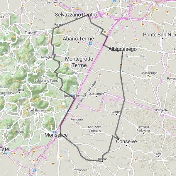 Miniatura della mappa di ispirazione al ciclismo "Esplorazione dei Colli Euganei da Tribano a Cartura" nella regione di Veneto, Italy. Generata da Tarmacs.app, pianificatore di rotte ciclistiche