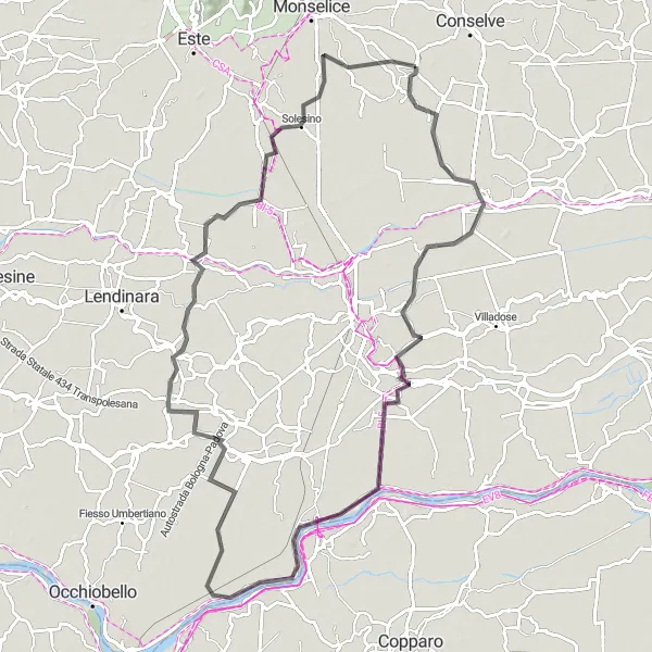 Miniatura della mappa di ispirazione al ciclismo "Tour in bici di 102 km partendo da Tribano" nella regione di Veneto, Italy. Generata da Tarmacs.app, pianificatore di rotte ciclistiche