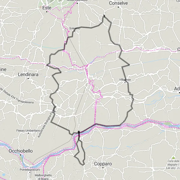 Kartminiatyr av "Oppdag historie og natur på sykkeltur fra Tribano" sykkelinspirasjon i Veneto, Italy. Generert av Tarmacs.app sykkelrutoplanlegger