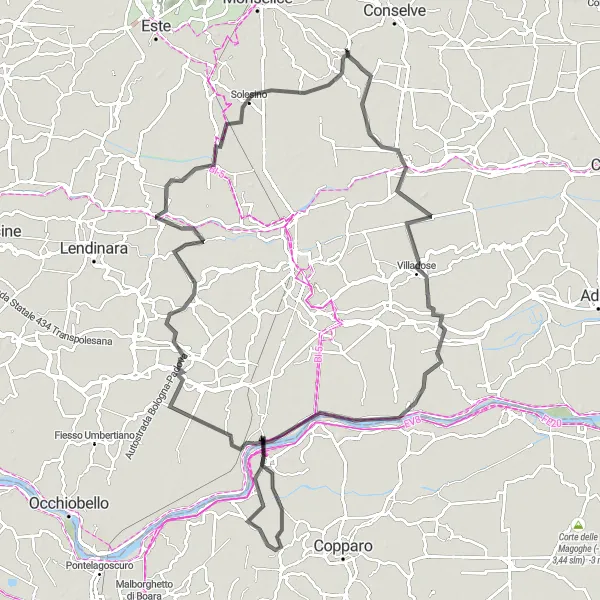 Miniatuurkaart van de fietsinspiratie "117 km Fietsen van Anguillara Veneta naar Tribano" in Veneto, Italy. Gemaakt door de Tarmacs.app fietsrouteplanner