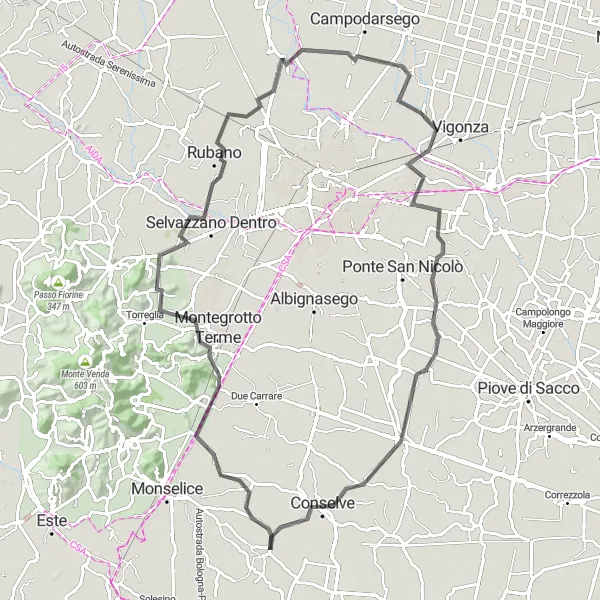 Miniatua del mapa de inspiración ciclista "Ruta de Tribano a Polverara" en Veneto, Italy. Generado por Tarmacs.app planificador de rutas ciclistas
