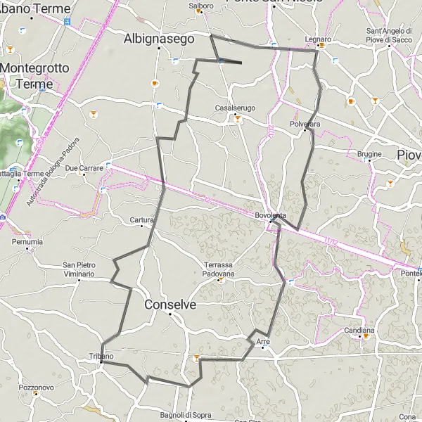Kartminiatyr av "Villmarkssykling fra Tribano til Arre" sykkelinspirasjon i Veneto, Italy. Generert av Tarmacs.app sykkelrutoplanlegger