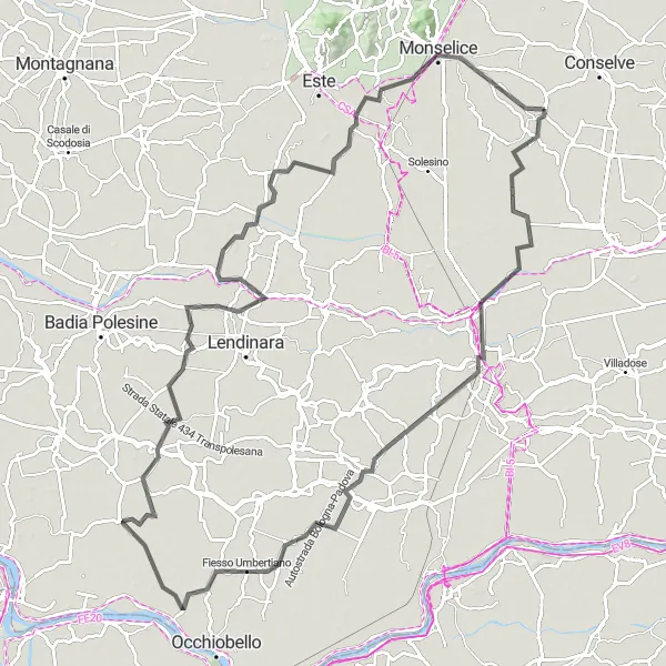 Kartminiatyr av "Eventyrlig sykkeltur nær Tribano" sykkelinspirasjon i Veneto, Italy. Generert av Tarmacs.app sykkelrutoplanlegger