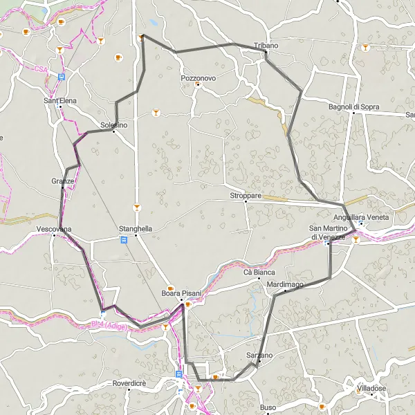 Miniatua del mapa de inspiración ciclista "Ruta en carretera de 55 km desde Tribano: San Martino di Venezze a Solesino" en Veneto, Italy. Generado por Tarmacs.app planificador de rutas ciclistas