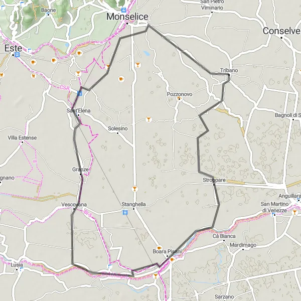 Miniatua del mapa de inspiración ciclista "Ruta de ciclismo de carretera desde Tribano a Boara Pisani" en Veneto, Italy. Generado por Tarmacs.app planificador de rutas ciclistas