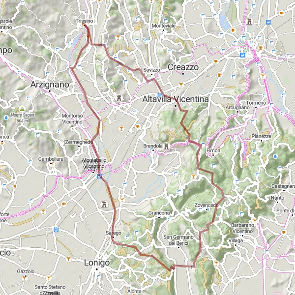 Mapa miniatúra "Jazda po Monte Tondo" cyklistická inšpirácia v Veneto, Italy. Vygenerované cyklistickým plánovačom trás Tarmacs.app