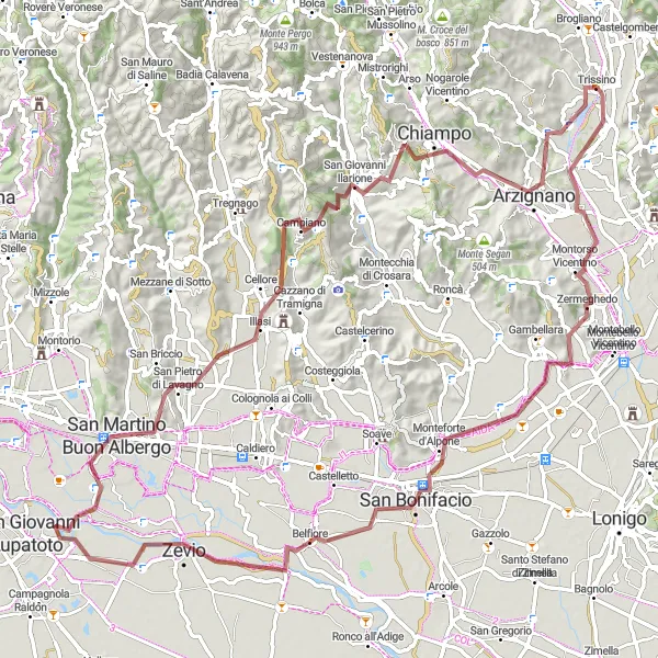 Miniaturekort af cykelinspirationen "Trissino - Monte della Pena Gravel Tour" i Veneto, Italy. Genereret af Tarmacs.app cykelruteplanlægger