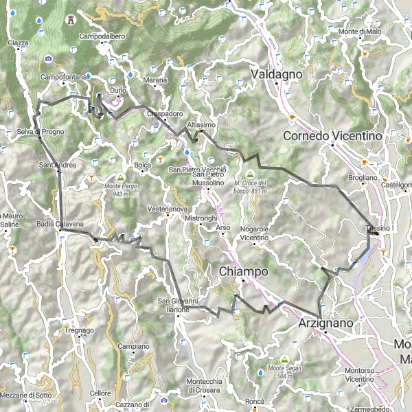 Miniaturekort af cykelinspirationen "Cycling route through Arzignano and Passo Santa Caterina" i Veneto, Italy. Genereret af Tarmacs.app cykelruteplanlægger