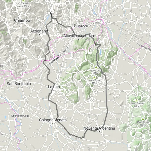 Zemljevid v pomanjšavi "Krožna kolesarska pot od Trissina do Zermegheda" kolesarske inspiracije v Veneto, Italy. Generirano z načrtovalcem kolesarskih poti Tarmacs.app