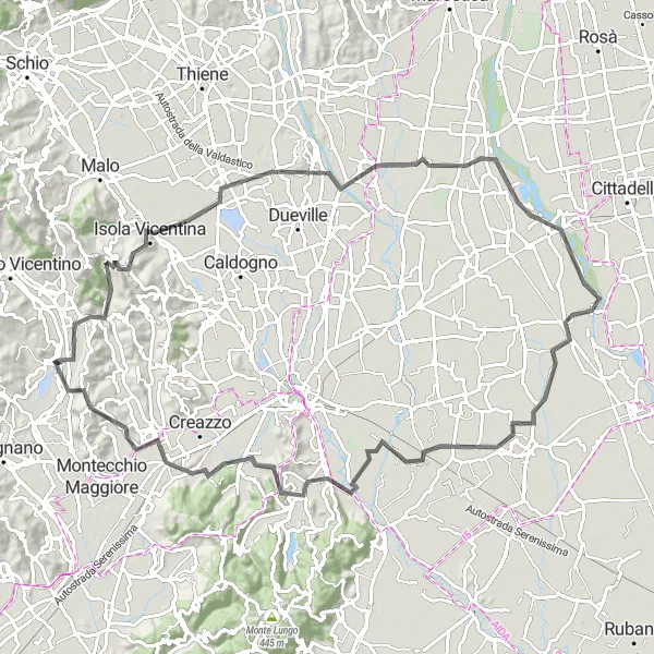Mapa miniatúra "Cyklistická trasa Monte Mori" cyklistická inšpirácia v Veneto, Italy. Vygenerované cyklistickým plánovačom trás Tarmacs.app