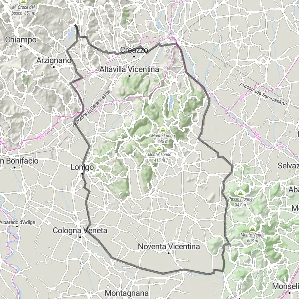 Kartminiatyr av "Sykkelrunde fra Trissino til Monte Costi" sykkelinspirasjon i Veneto, Italy. Generert av Tarmacs.app sykkelrutoplanlegger
