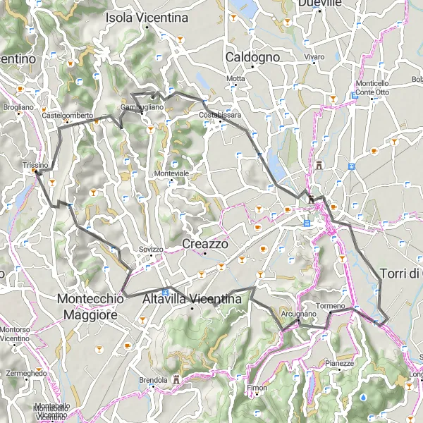 Zemljevid v pomanjšavi "Uživajte v kratki kolesarski turi okoli Trisina" kolesarske inspiracije v Veneto, Italy. Generirano z načrtovalcem kolesarskih poti Tarmacs.app
