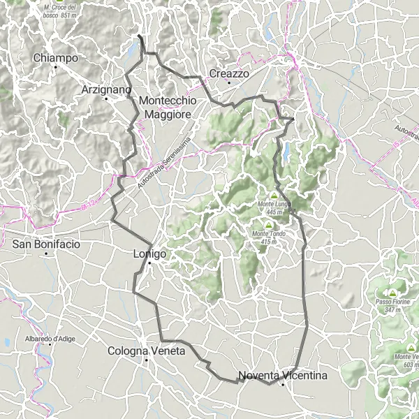 Kartminiatyr av "Trissino til Monte Costi sykkelrute" sykkelinspirasjon i Veneto, Italy. Generert av Tarmacs.app sykkelrutoplanlegger