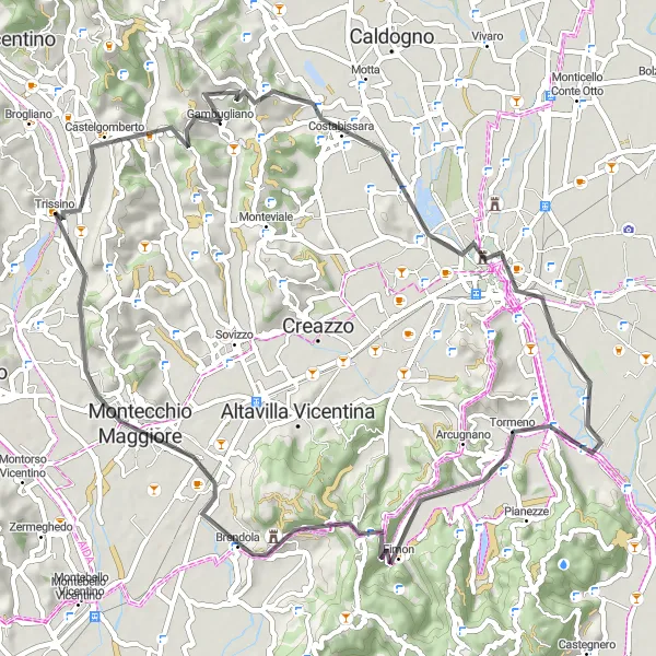 Miniaturekort af cykelinspirationen "Trissino - Monte Castellaro Road Tour" i Veneto, Italy. Genereret af Tarmacs.app cykelruteplanlægger