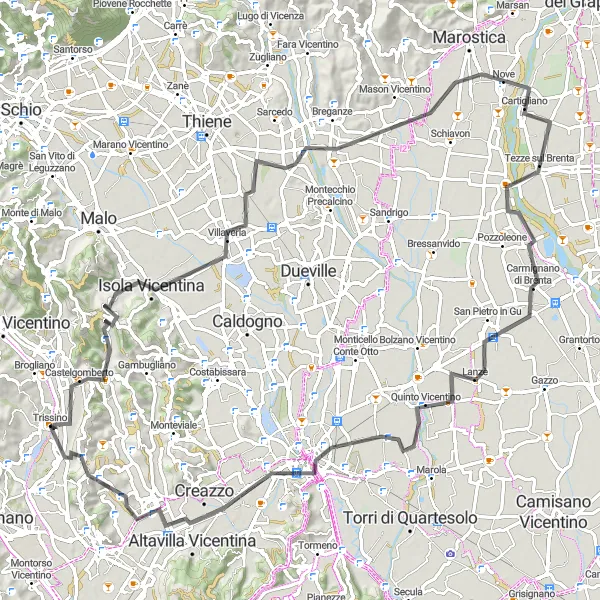 Zemljevid v pomanjšavi "Kolesarska pot okoli Trissina in Castelgomberta" kolesarske inspiracije v Veneto, Italy. Generirano z načrtovalcem kolesarskih poti Tarmacs.app