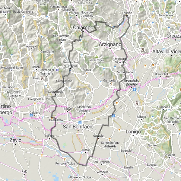 Miniatuurkaart van de fietsinspiratie "Heuvelachtige weg naar Trissino" in Veneto, Italy. Gemaakt door de Tarmacs.app fietsrouteplanner