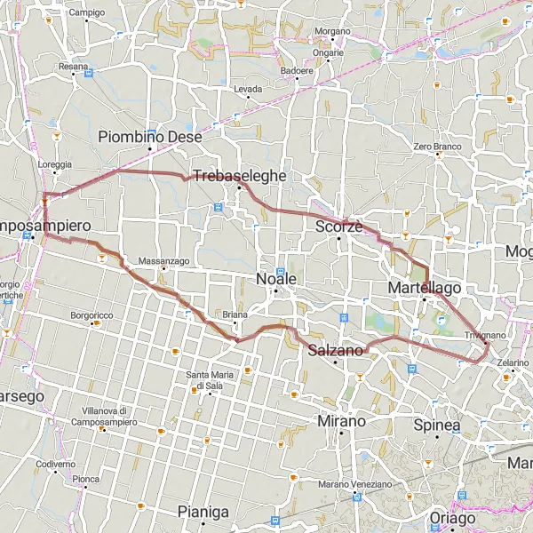 Mapa miniatúra "Exkluzívne cyklotrasy vo Veneto pre gravel" cyklistická inšpirácia v Veneto, Italy. Vygenerované cyklistickým plánovačom trás Tarmacs.app