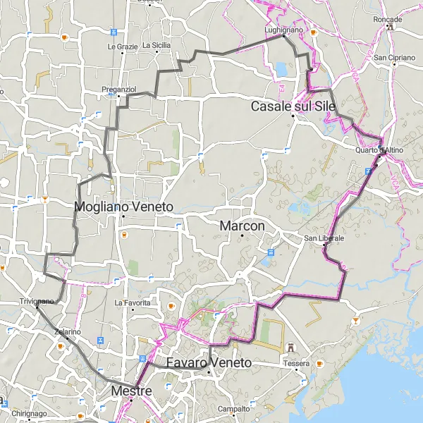 Zemljevid v pomanjšavi "Slikovita kolesarska pot skozi Veneto (55 km)" kolesarske inspiracije v Veneto, Italy. Generirano z načrtovalcem kolesarskih poti Tarmacs.app