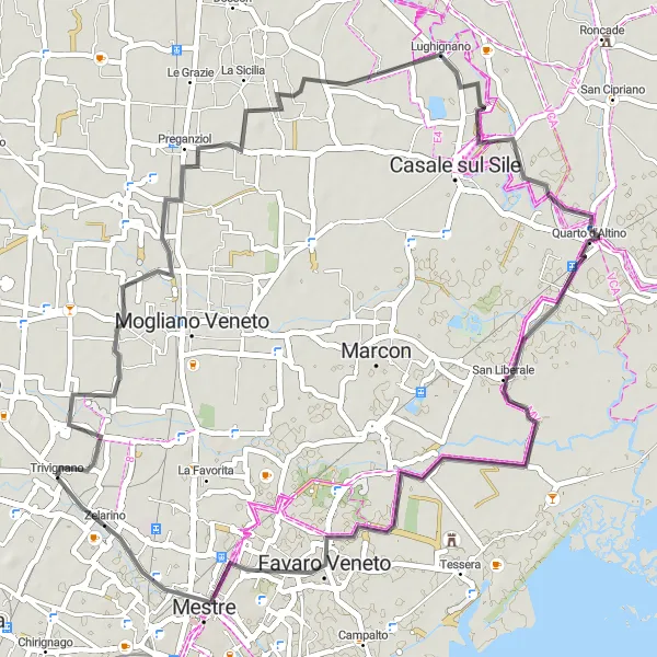 Kartminiatyr av "Natursköna Trivignano Road Cycling Route" cykelinspiration i Veneto, Italy. Genererad av Tarmacs.app cykelruttplanerare