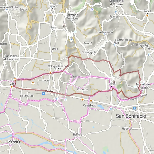 Miniatura della mappa di ispirazione al ciclismo "Esplorazione tra Costeggiola e Vago" nella regione di Veneto, Italy. Generata da Tarmacs.app, pianificatore di rotte ciclistiche