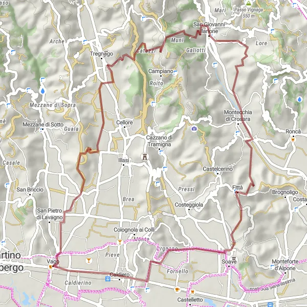 Miniatuurkaart van de fietsinspiratie "Avontuur naar Tregnago en La Cuca" in Veneto, Italy. Gemaakt door de Tarmacs.app fietsrouteplanner