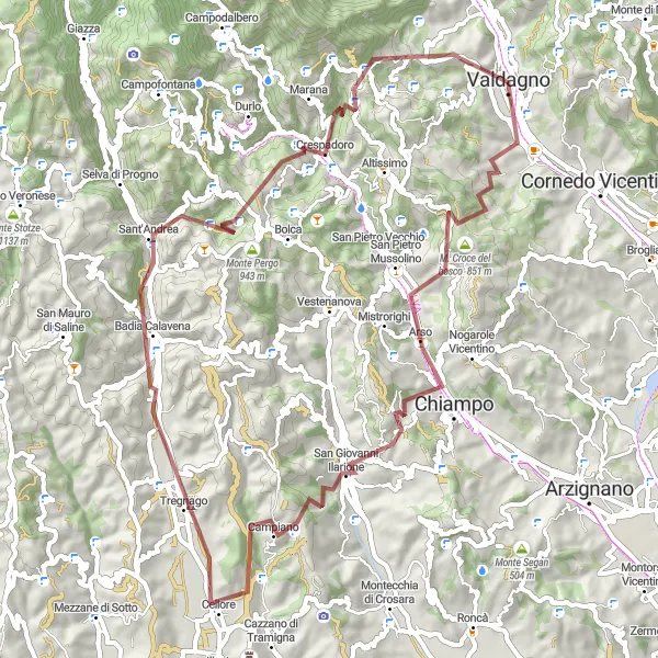 Zemljevid v pomanjšavi "Gorska avantura v bližini Valdagno" kolesarske inspiracije v Veneto, Italy. Generirano z načrtovalcem kolesarskih poti Tarmacs.app