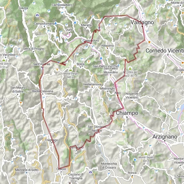 Miniature de la carte de l'inspiration cycliste "Boucle Gravel à Monte Serea" dans la Veneto, Italy. Générée par le planificateur d'itinéraire cycliste Tarmacs.app