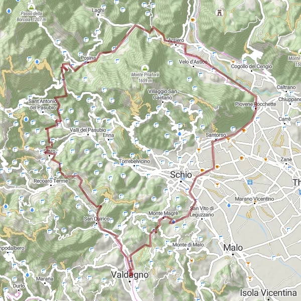 Map miniature of "Valdagno to Passo Xon and Back - The Adventurous Gravel Cycling" cycling inspiration in Veneto, Italy. Generated by Tarmacs.app cycling route planner