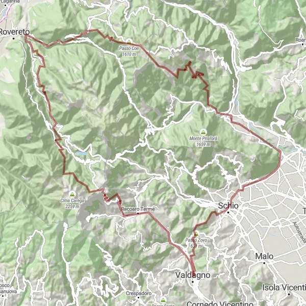 Miniaturní mapa "Valdagno - Passo Zovo - Valdagno" inspirace pro cyklisty v oblasti Veneto, Italy. Vytvořeno pomocí plánovače tras Tarmacs.app