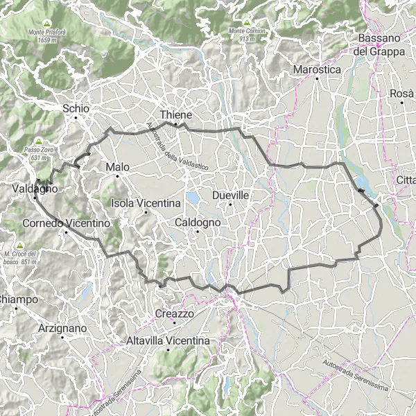 Map miniature of "Valdagno to Monte Mado and Monte Rega" cycling inspiration in Veneto, Italy. Generated by Tarmacs.app cycling route planner