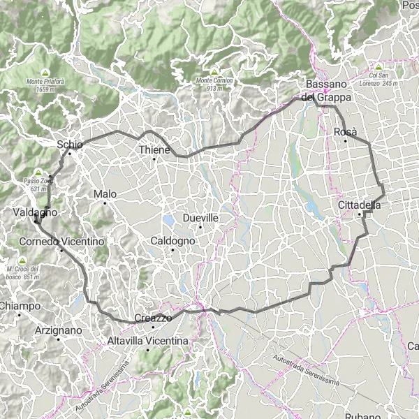 Kartminiatyr av "Valdagno til Trissino via Vicenza" sykkelinspirasjon i Veneto, Italy. Generert av Tarmacs.app sykkelrutoplanlegger