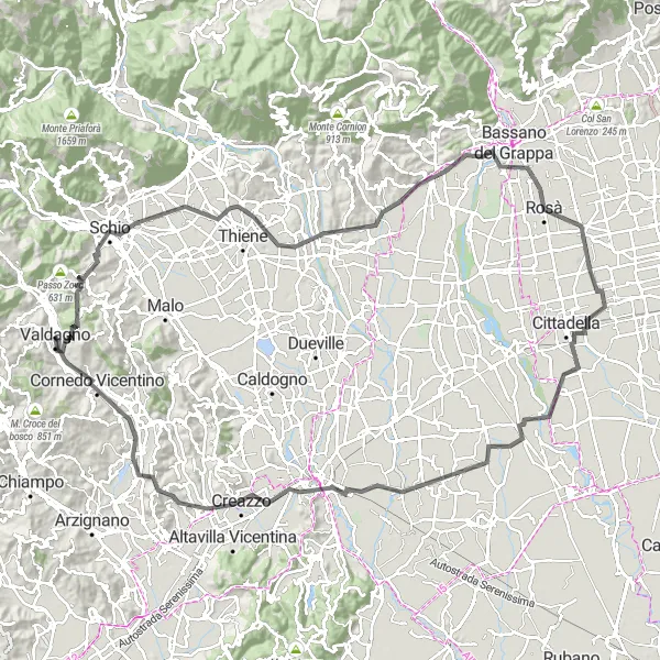 Karten-Miniaturansicht der Radinspiration "Vicenza und Umgebung" in Veneto, Italy. Erstellt vom Tarmacs.app-Routenplaner für Radtouren