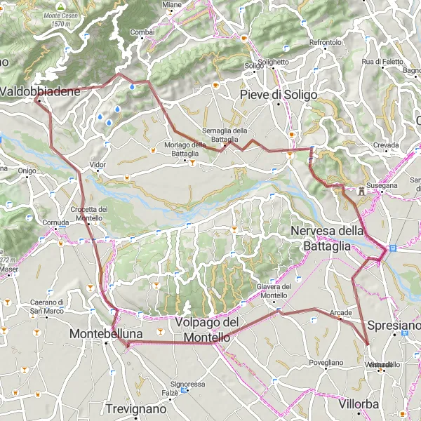 Miniatua del mapa de inspiración ciclista "Ruta a Monte Moncader y Volpago del Montello" en Veneto, Italy. Generado por Tarmacs.app planificador de rutas ciclistas