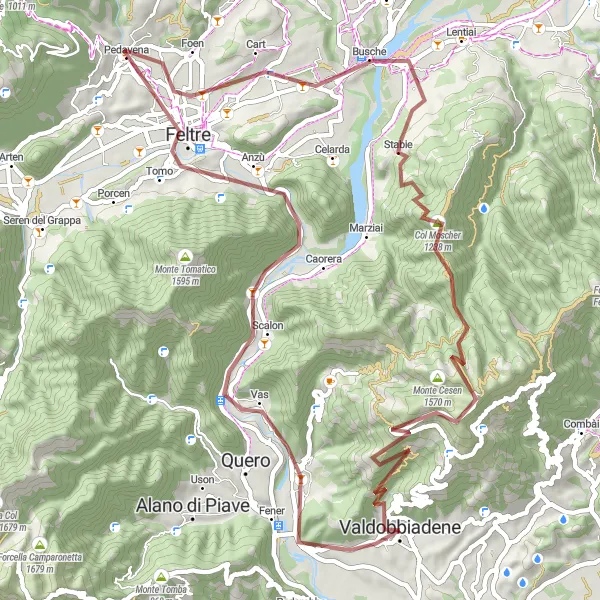 Miniatua del mapa de inspiración ciclista "Ruta de Grava a través de las Colinas Venetas" en Veneto, Italy. Generado por Tarmacs.app planificador de rutas ciclistas