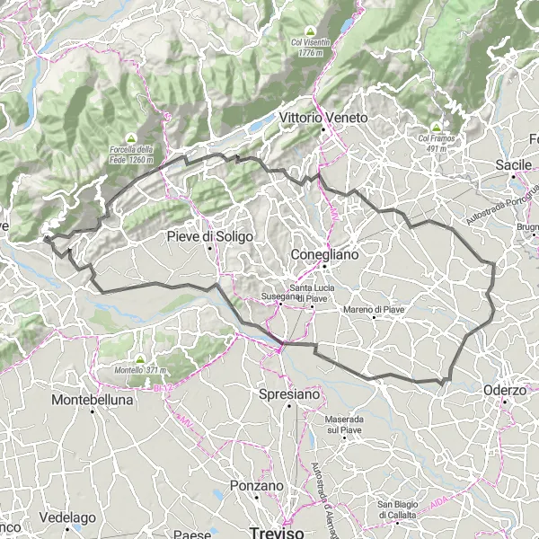 Zemljevid v pomanjšavi "Cestno kolesarjenje v bližini Valdobbiadene" kolesarske inspiracije v Veneto, Italy. Generirano z načrtovalcem kolesarskih poti Tarmacs.app