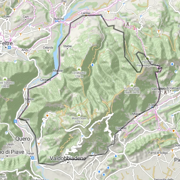 Karttaminiaatyyri "Valdobbiadene - San Pietro di Barbozza Route" pyöräilyinspiraatiosta alueella Veneto, Italy. Luotu Tarmacs.app pyöräilyreittisuunnittelijalla