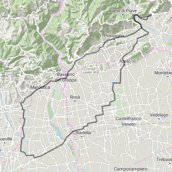 Kartminiatyr av "Historiske steder og naturskjønne veier gjennom Pederobba" sykkelinspirasjon i Veneto, Italy. Generert av Tarmacs.app sykkelrutoplanlegger