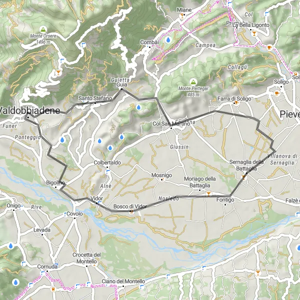 Kartminiatyr av "Kort roadcyklingstur runt Valdobbiadene" cykelinspiration i Veneto, Italy. Genererad av Tarmacs.app cykelruttplanerare