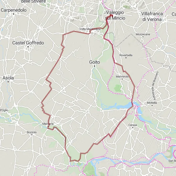 Mapa miniatúra "Gravelová trasa okolo Valeggio sul Mincio" cyklistická inšpirácia v Veneto, Italy. Vygenerované cyklistickým plánovačom trás Tarmacs.app