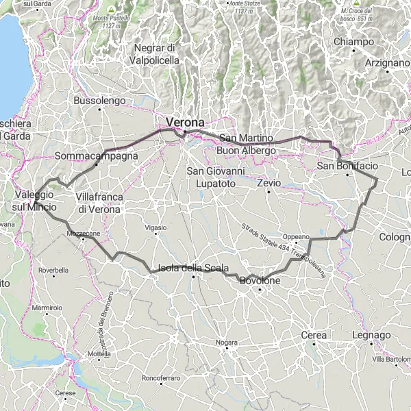 Kartminiatyr av "Vägen till Verona och Soave" cykelinspiration i Veneto, Italy. Genererad av Tarmacs.app cykelruttplanerare