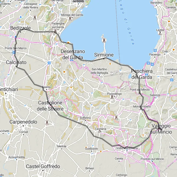 Miniaturní mapa "Cyklistická trasa kolem Valeggio sul Mincio a jezera Garda" inspirace pro cyklisty v oblasti Veneto, Italy. Vytvořeno pomocí plánovače tras Tarmacs.app