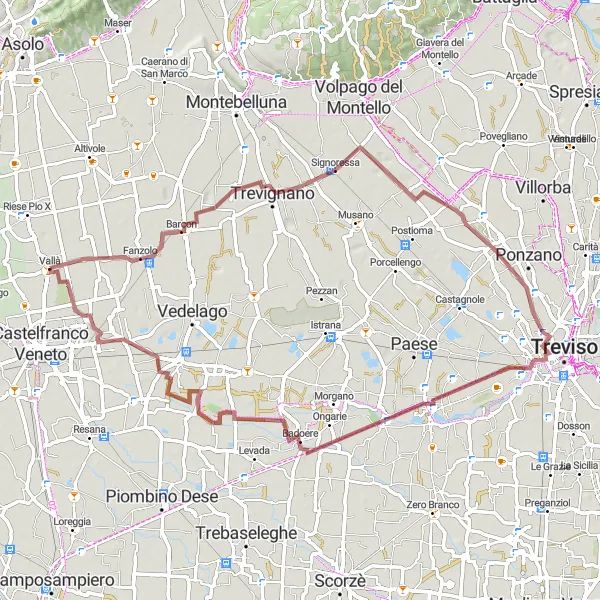 Miniaturní mapa "Gravelová trasa kolem Vallà" inspirace pro cyklisty v oblasti Veneto, Italy. Vytvořeno pomocí plánovače tras Tarmacs.app